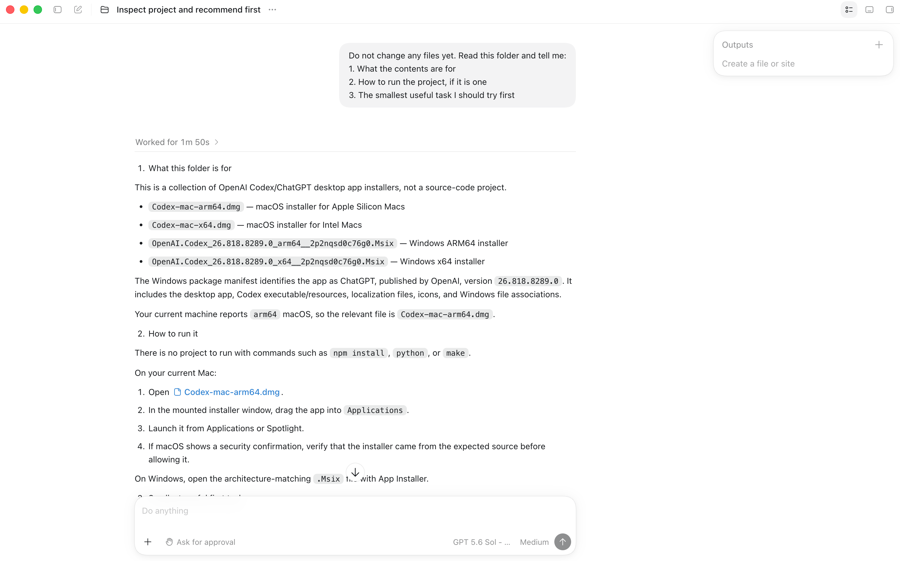 Codex completing the first read-only task and returning a project analysis