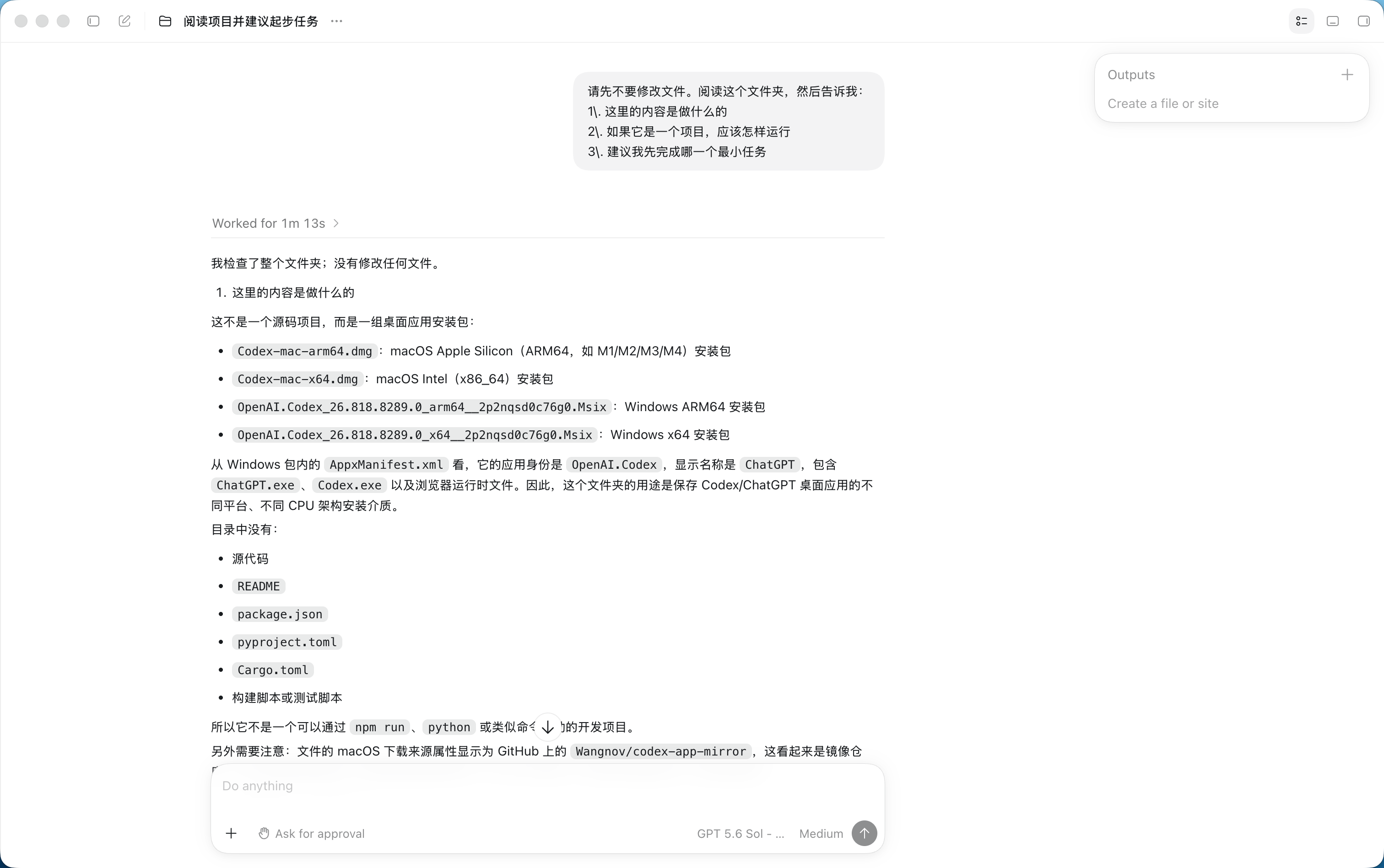 Codex 完成首次只读任务并返回项目分析结果
