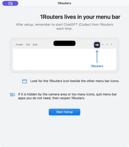 The 1routers onboarding window reminds users to launch Codex from the menu-bar helper