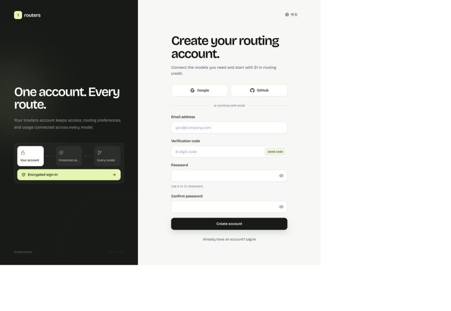 The English 1routers registration page with Google, GitHub, and email options